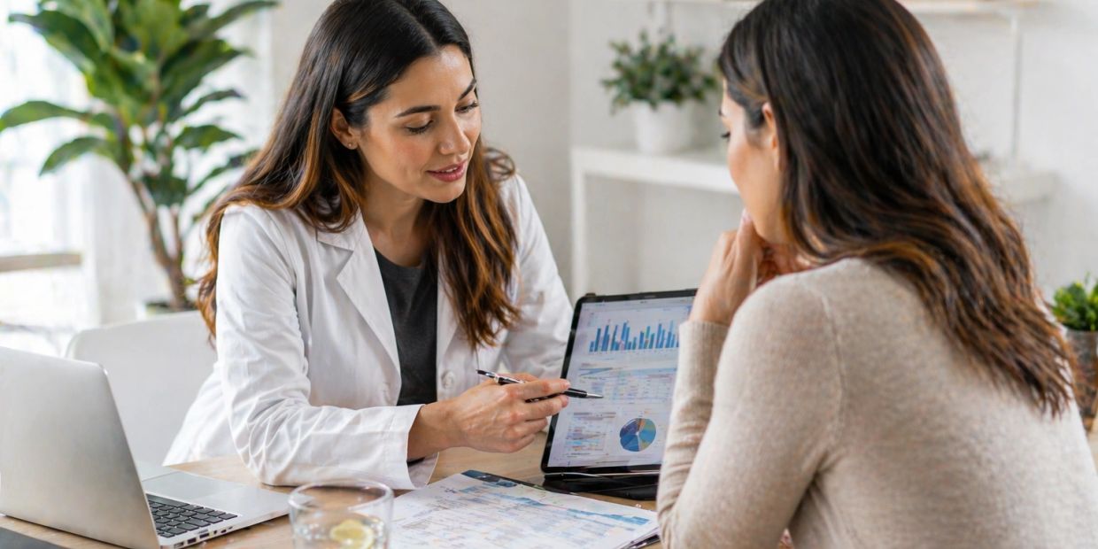 A professional woman explains data charts to another woman in an office.