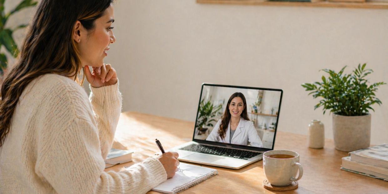 A woman has a virtual consultation with a doctor on her laptop.