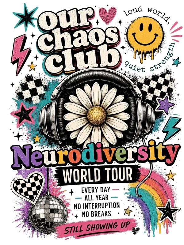 Colorful neurodiversity world tour graphic with headphones on a daisy.