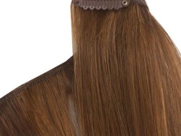 Brown straight hair extensions with clips attached.