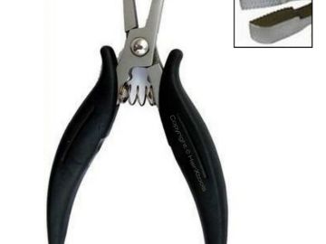 Black-handled pliers with a spring mechanism and serrated jaws.