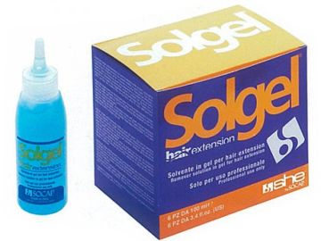 Solgel solvent for professional hair extension removal in a blue bottle and box.