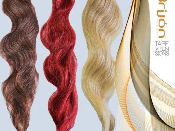 Three wavy hair extensions in brown, red, and blonde colors.