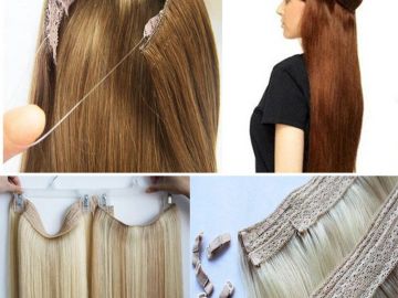 Hair extension clips showing application and final look on long hair.