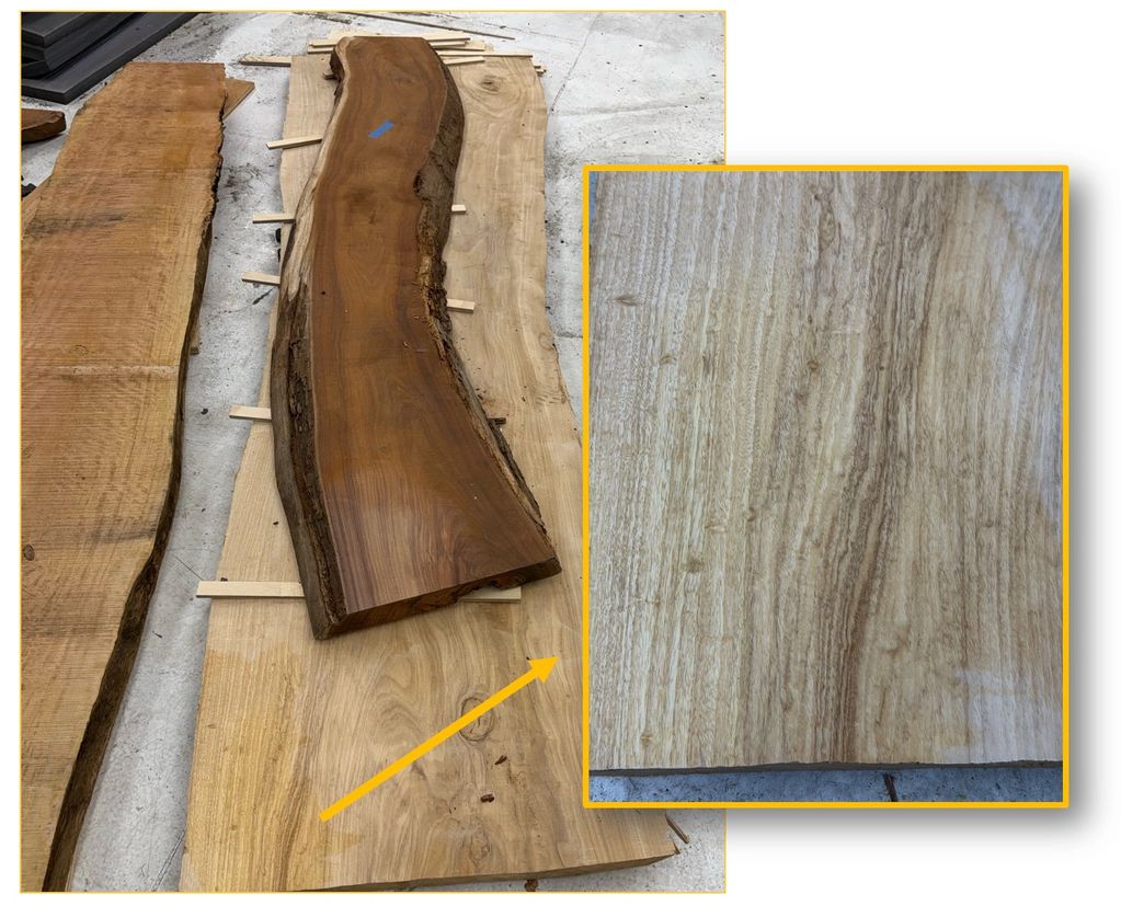 Big Island Primavera. (Bottom slab) 
Gorgeous light grain with dark waves and beautiful imperfect gr