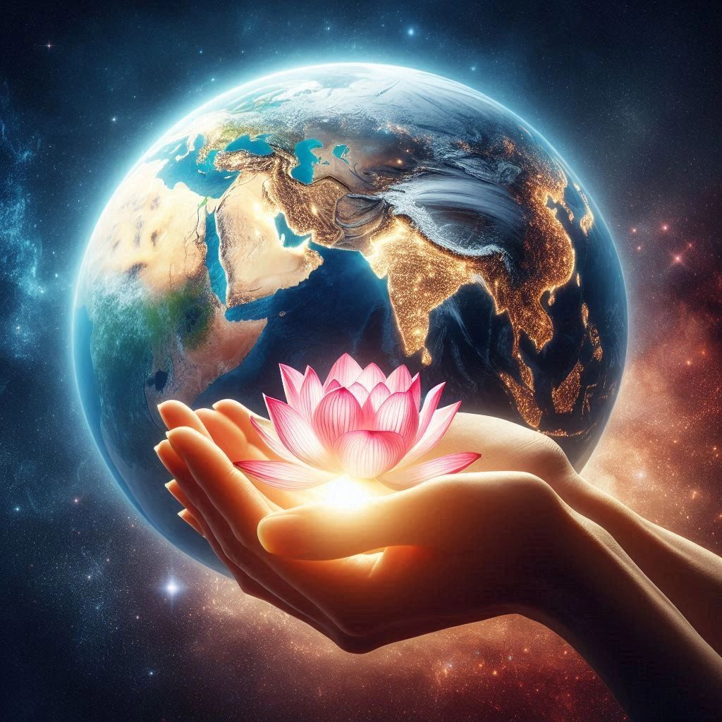 Earth with inspired hands with pink lotus flower