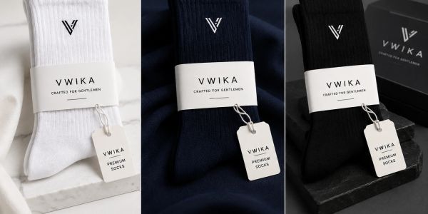 Three pairs of Vwika branded socks in white, navy, and black.