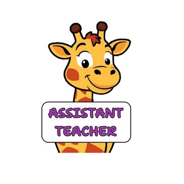 Cute giraffe cartoon with 'Assistant Teacher' sign.