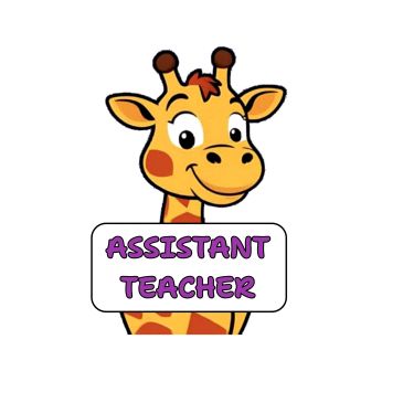Cute giraffe cartoon with 'Assistant Teacher' sign.