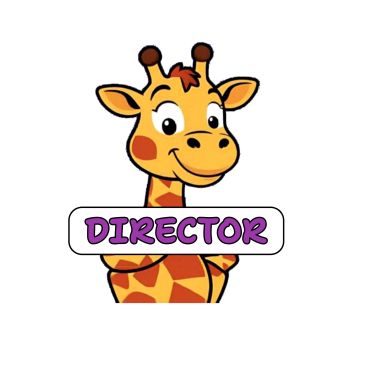 Cartoon giraffe holding a 'DIRECTOR' sign with a friendly smile.