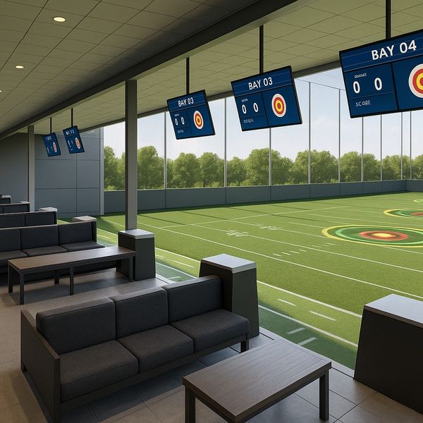 Modern indoor golf driving range with comfortable seating and digital scoreboards.