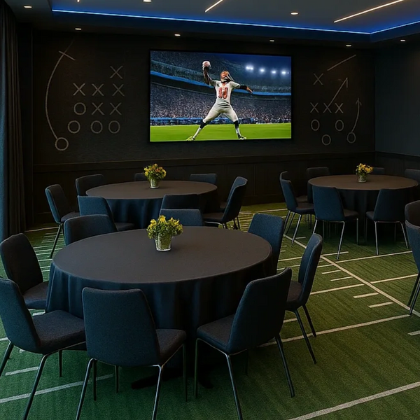 Modern sports-themed room with round tables and football play diagrams on walls.