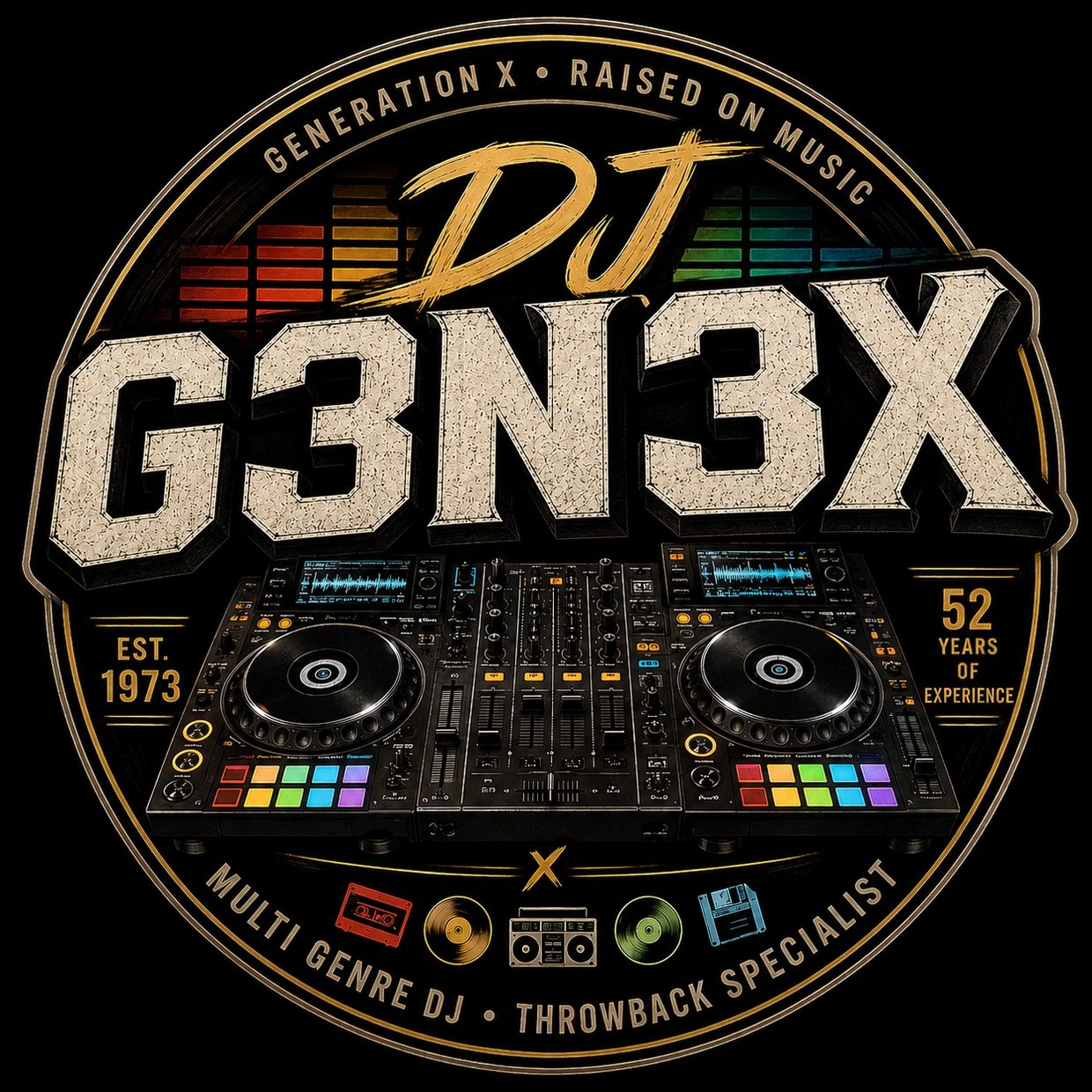 DJ G3N3X logo with DJ equipment and retro music icons.