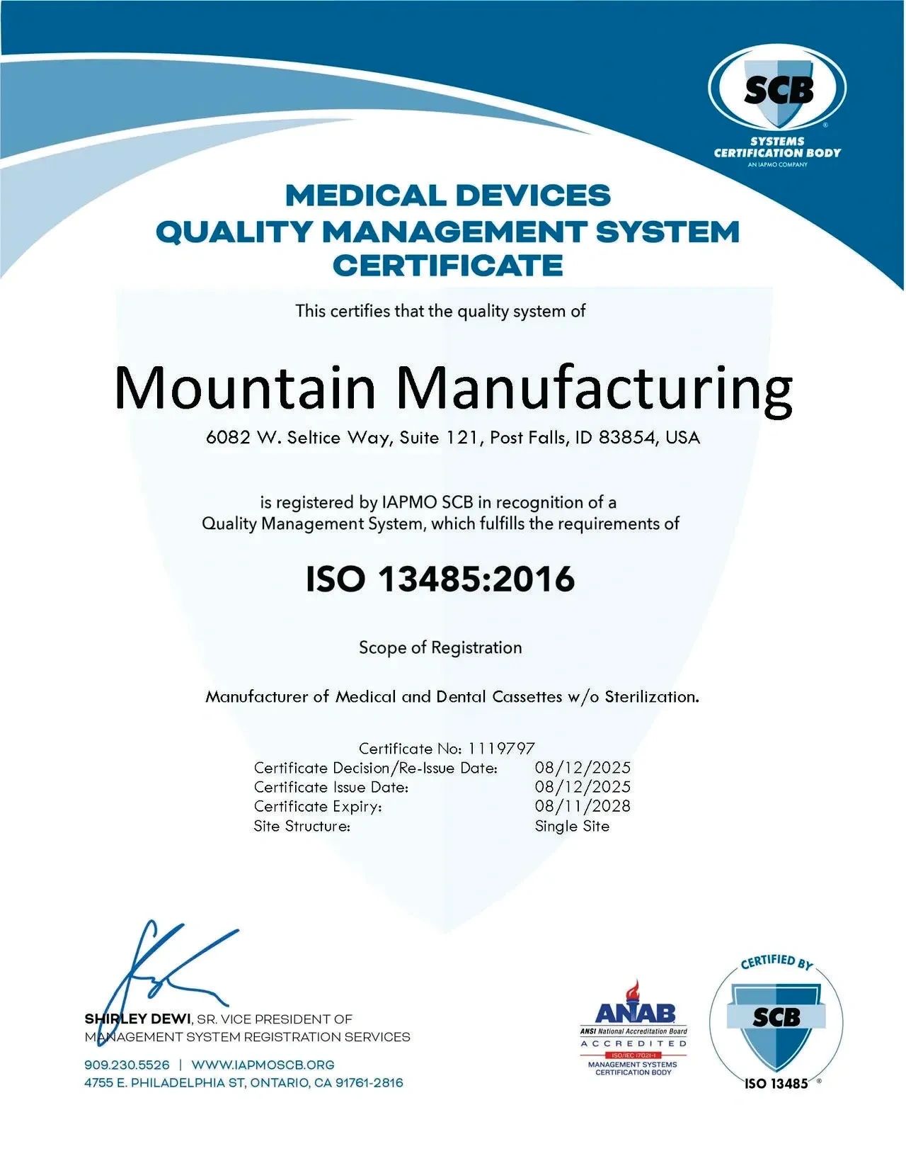 Mountain Manufacturing, Post Falls Idaho |  ISO 13485:2016 Certification No. 1119797