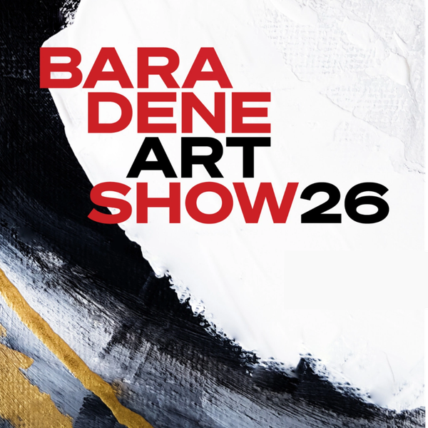 Poster for Bara Dene Art Show 26 with bold red and black text on abstract background.