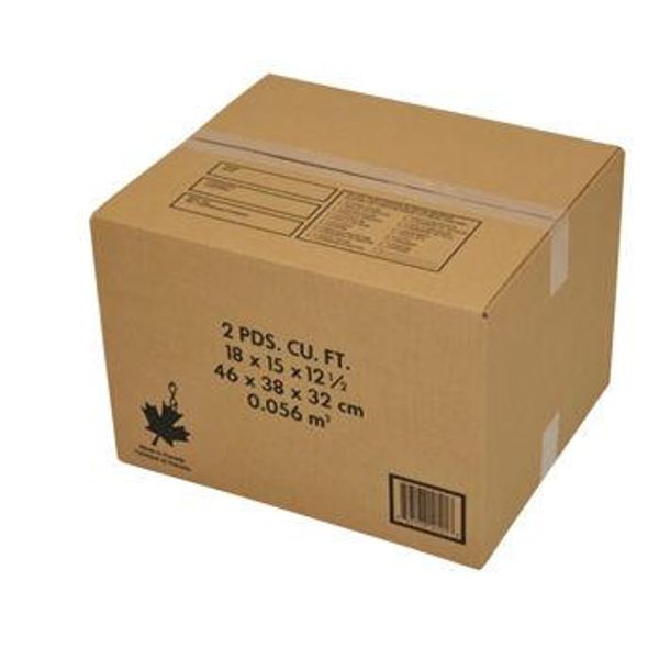 Closed brown cardboard box with printed dimensions and symbols.