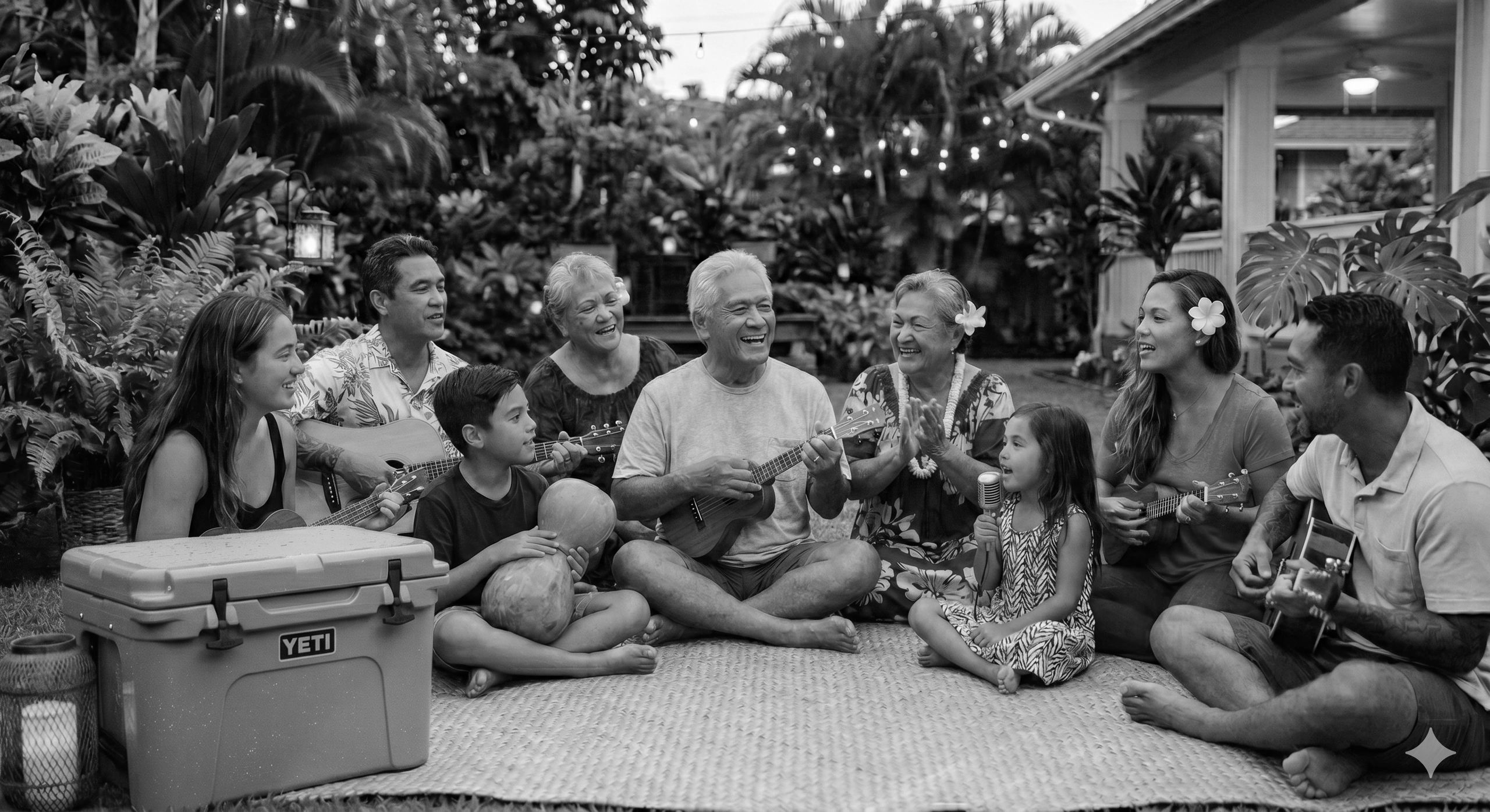 Multi-generational family playing music together outdoors in a tropical garden.