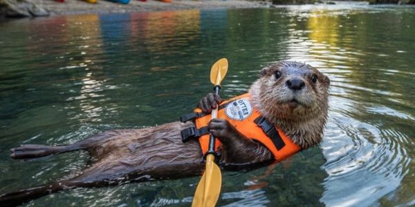 Otter floating on water wearing an orange life jacket and holding a paddle.