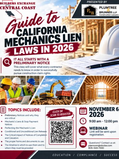 Flyer for California Mechanics Lien Laws webinar on Nov 6, 2026.