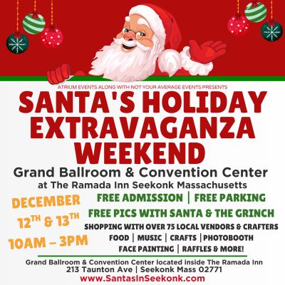 Santa's Holiday Extravaganza Weekend event poster with event details.