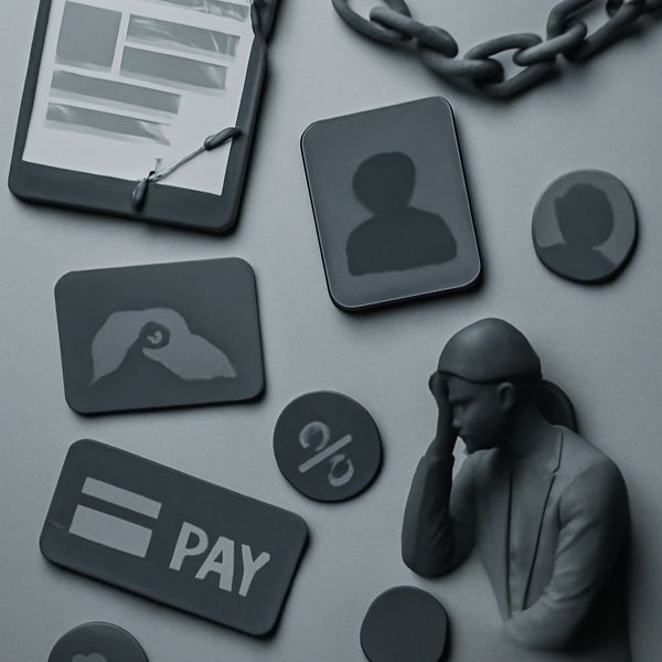 A stressed figure surrounded by payment and social media icons, symbolizing financial and social pressure.
