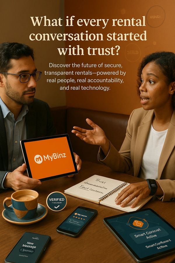 Two professionals discuss secure rental technology with MyBinz on a tablet.