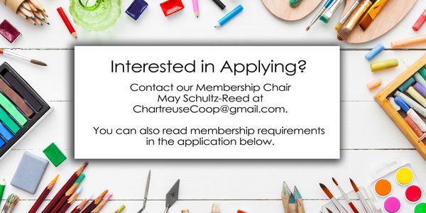 Art supplies surround a sign inviting membership applications.