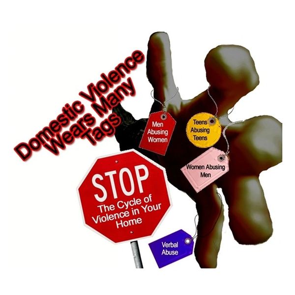 Illustration depicting various forms of domestic violence with a stop sign and abusive labels.