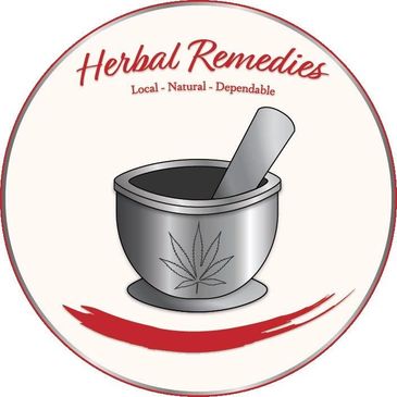Logo of Herbal Remedies featuring a mortar and pestle with a cannabis leaf.