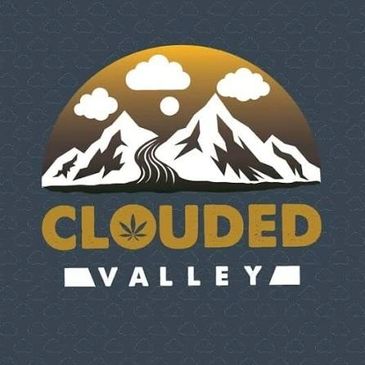 Logo with mountains, clouds, and 'Clouded Valley' text featuring a cannabis leaf.