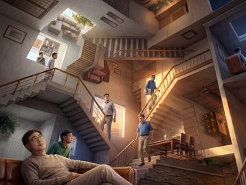 An intricate stairwell with people walking in impossible directions.
