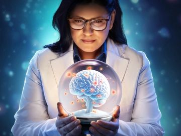 Scientist in a lab coat holding a glowing brain model in a glass sphere.