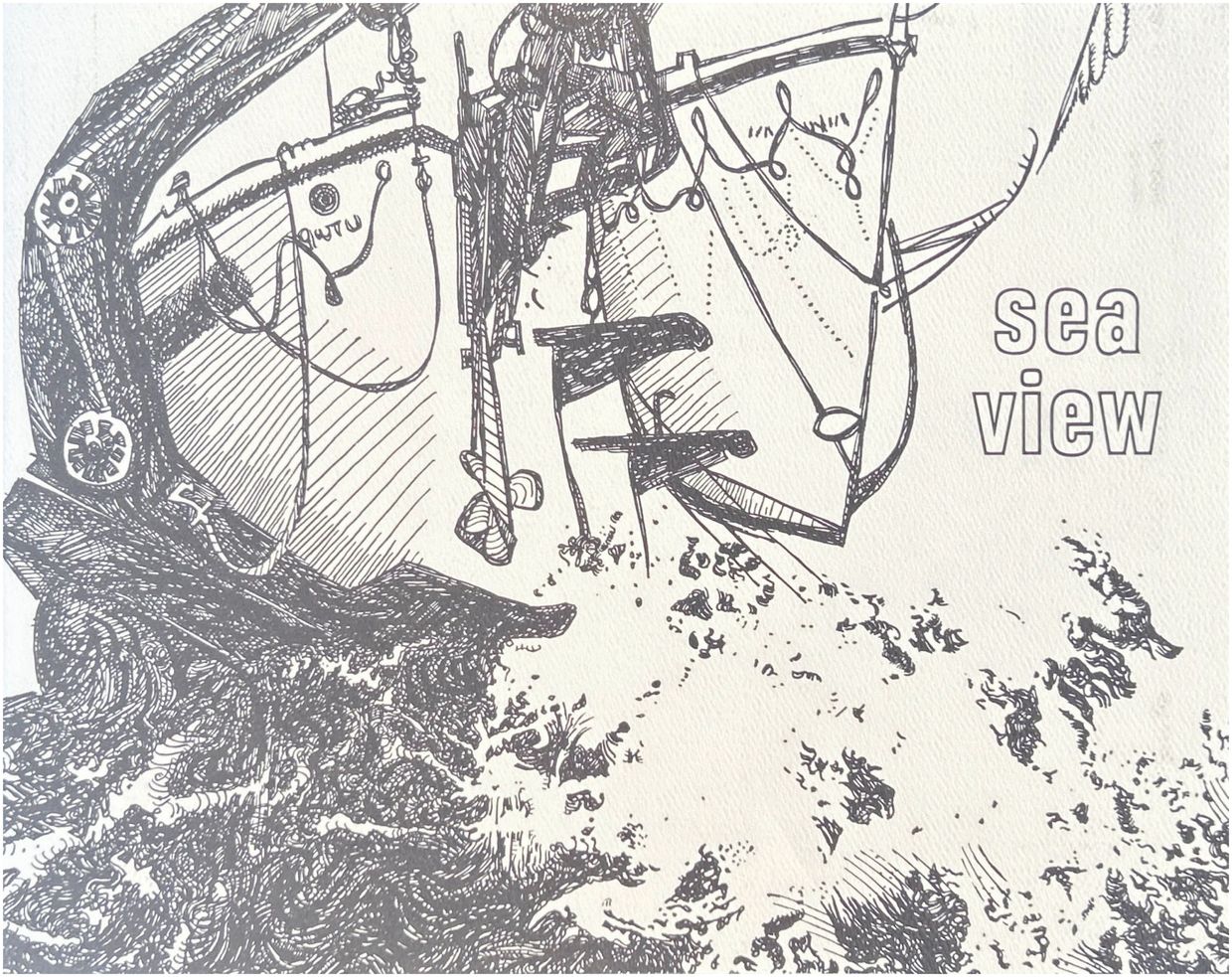 Detailed pen sketch of a ship sailing the sea with "sea view" text.