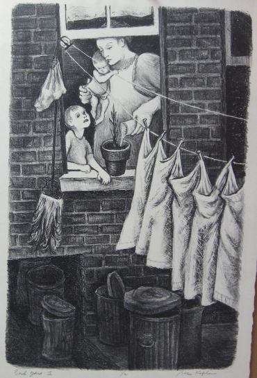 Mother and children near a window with laundry hanging.
