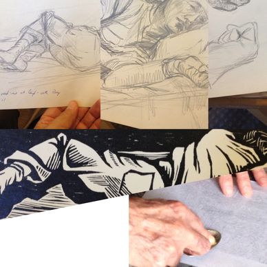 A multi-panel collage of woodcut printmaking: one section showing a sketch of a sleeping person, ano