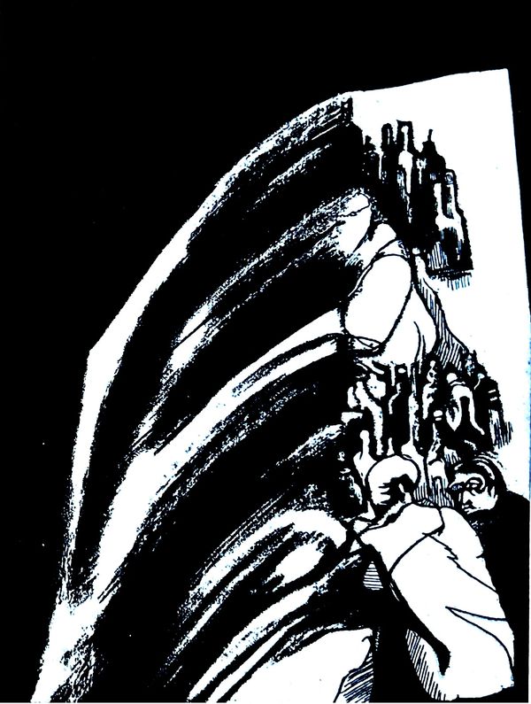 Black and white abstract ink drawing with flowing shapes.