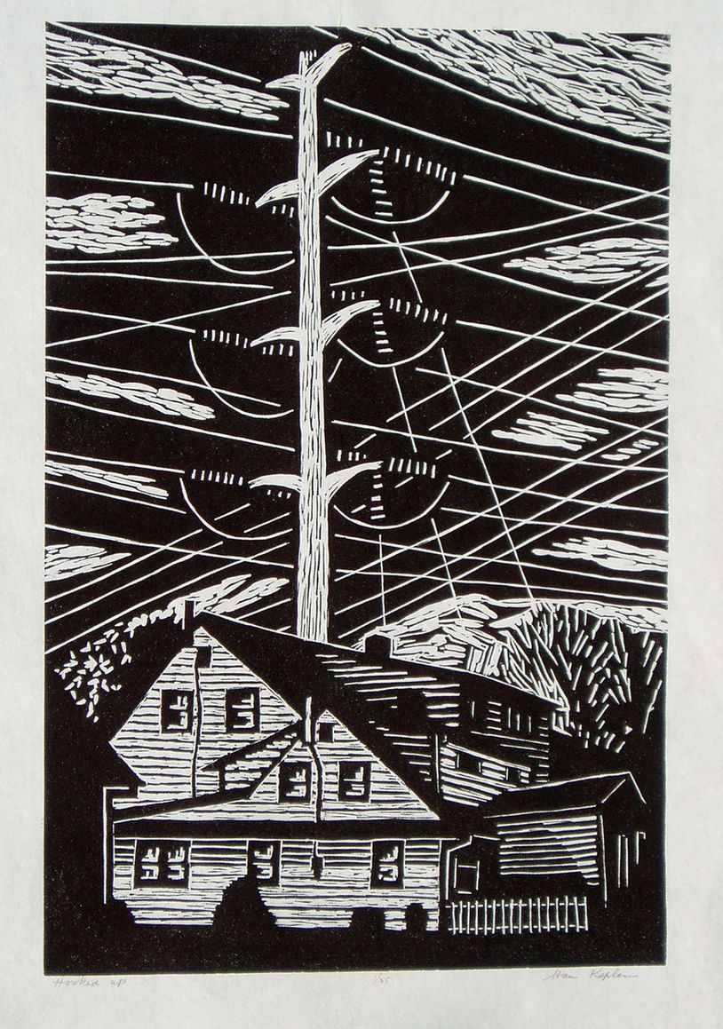Black and white woodcut of house with telephone pole.