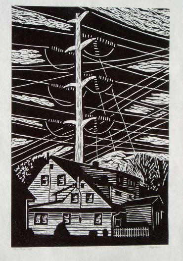 Black and white woodcut of house with telephone pole.