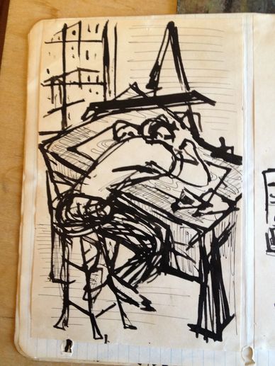 Sketch of a person resting head on arms at a desk.