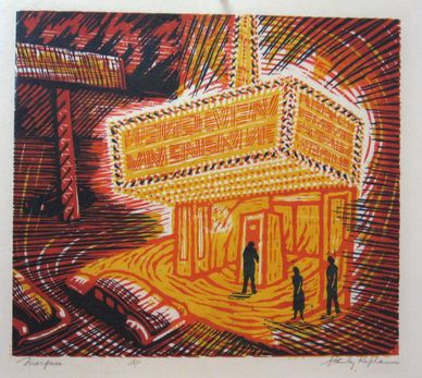 Illustration of a glowing theater marquee at night, with figures approaching the entrance and cars p