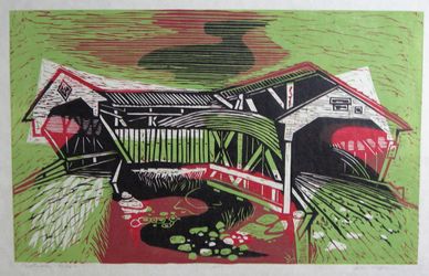 Woodcut style image of a covered bridge over a stream.