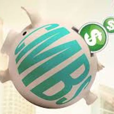 Piggy bank with dollar coins and large text.