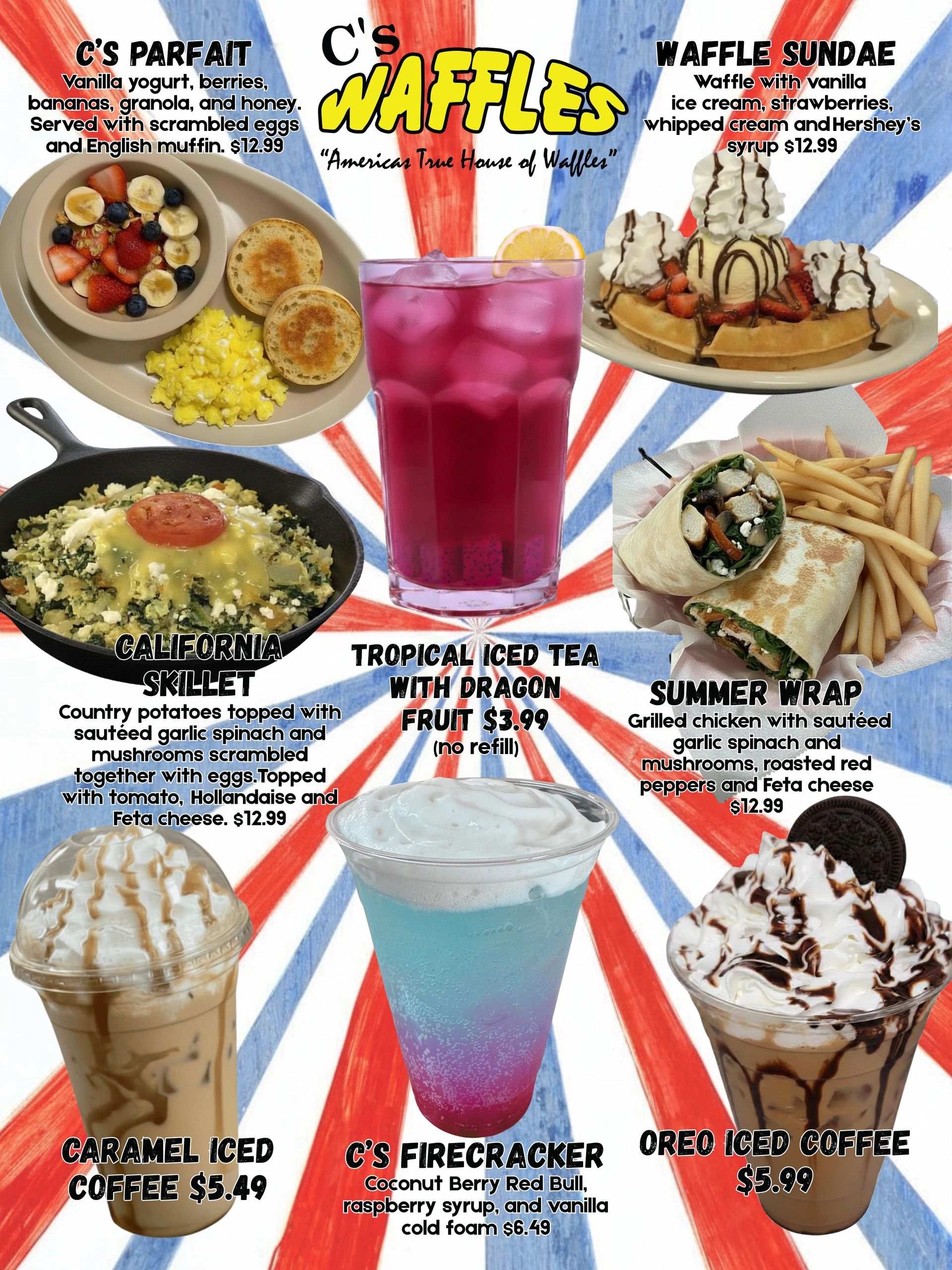 Menu showing waffles, parfait, skillet, wraps, iced coffee, and colorful drinks.