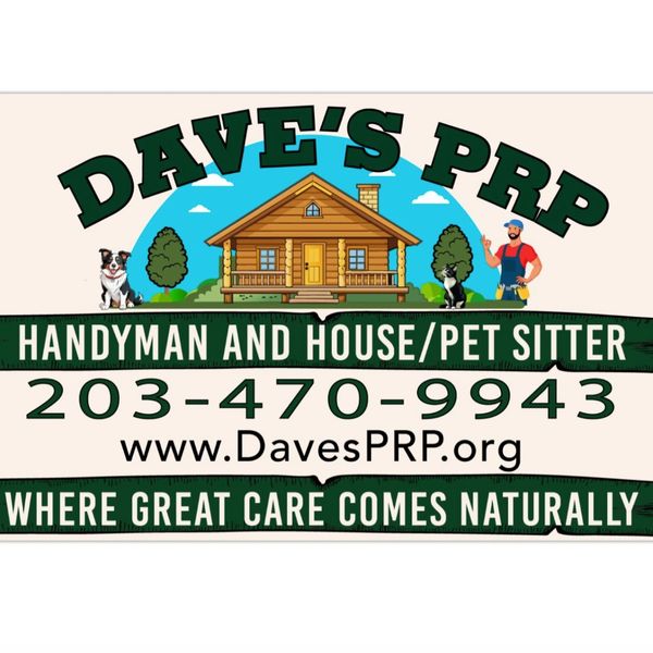 Logo for Dave's PRP handyman and pet sitting service with contact details.