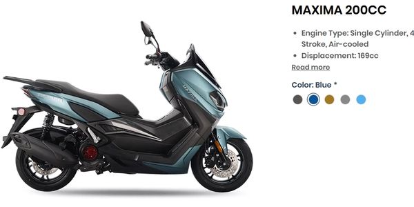 Side view of a blue MAXIMA 200CC scooter with black detailing.