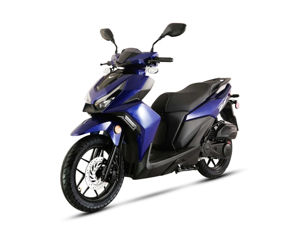 Sleek blue modern scooter with black accents on white background.