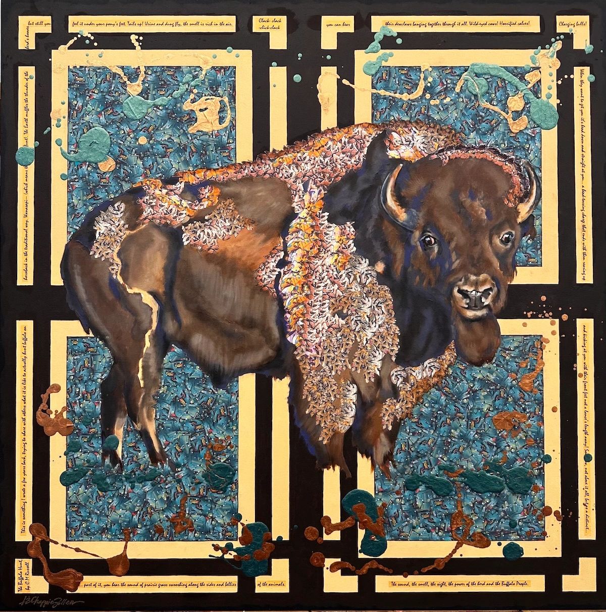 Bull bison on a patterned background