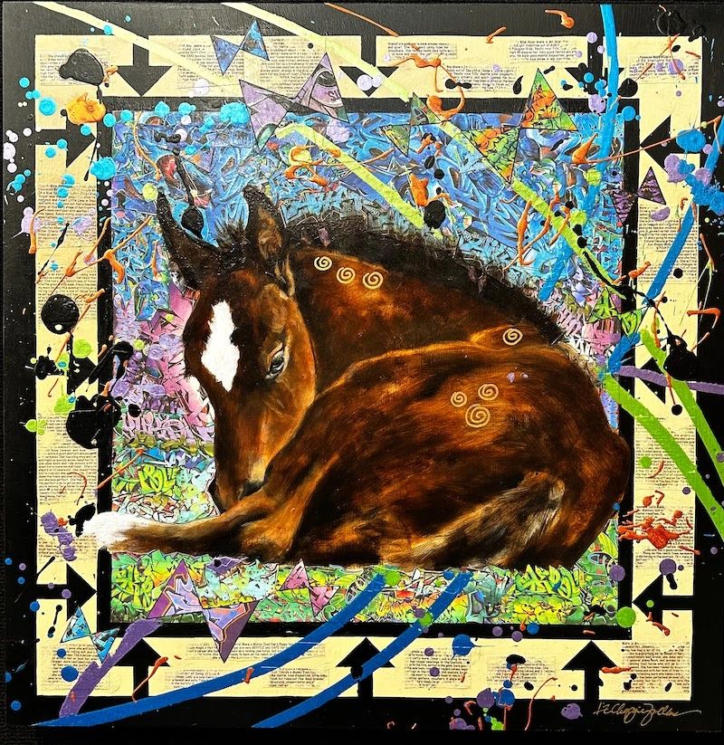 A mixed media painting of a sleeping bay filly