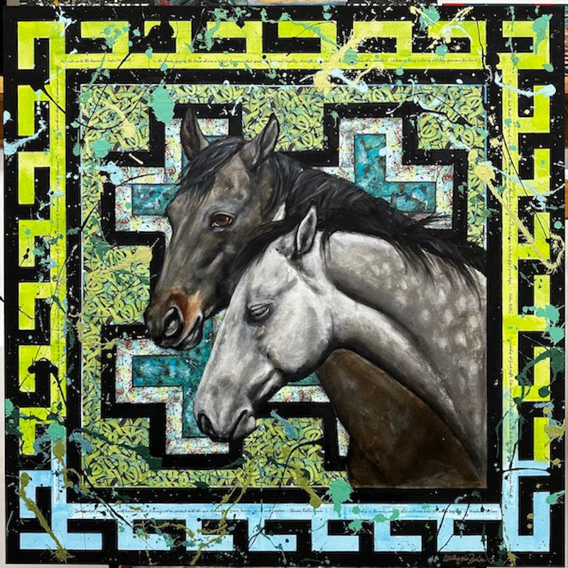 A painting of two horses resting side by side with a green and blue patterned background