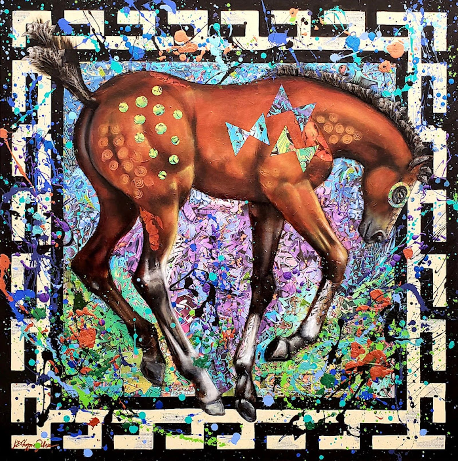 A mixed media painting of a bucking bay filly